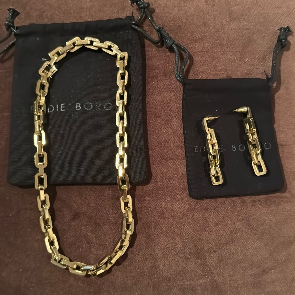 Eddie Borgo 12 Karat Gold Plated Supra Link Necklace and Earrings Matching Set